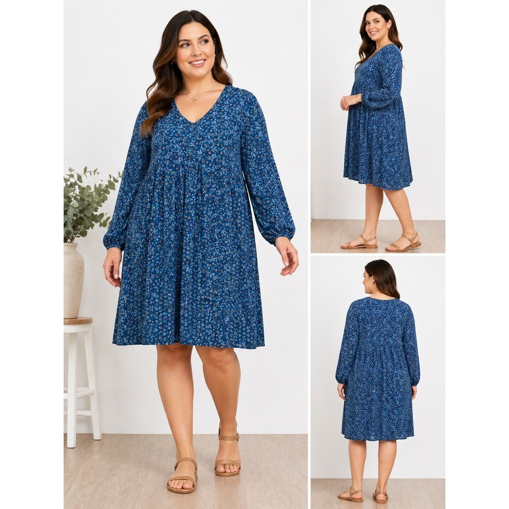 Time and Tru Women's XL 16-18 Blue Floral V-Neck Babydoll Mini Dress